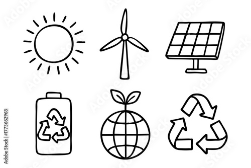Renewable energy doodle icon set - Sustainable and eco-friendlypower solutions. Vector stock
