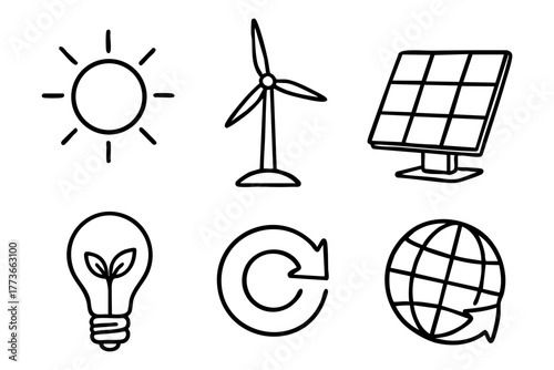 Renewable energy doodle icon set - Sustainable and eco-friendlypower solutions. Vector stock