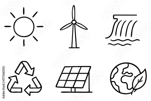Renewable energy doodle icon set - Sustainable and eco-friendlypower solutions. Vector stock