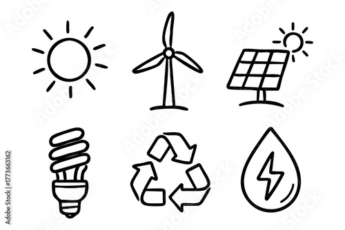 Renewable energy doodle icon set - Sustainable and eco-friendlypower solutions. Vector stock