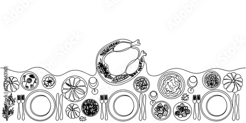 a festive dinner table with roasted turkey, pumpkins, and plates, symbolizing Thanksgiving celebration and family gathering.