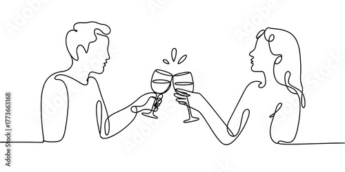 a man and woman clinking wine glasses, symbolizing celebration, romance, date night, or friendship.