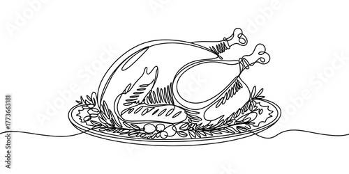 a roasted turkey served on a plate with garnish, symbolizing Thanksgiving dinner, feast, and celebration.