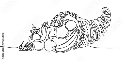 a cornucopia filled with fruits and vegetables, symbolizing harvest, abundance, and Thanksgiving celebration.