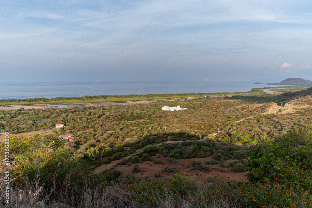 Fototapeta premium A wide, high-angle view of an arid coastal landscape in rural Indonesia. The sea and distant islands are on the horizon. A remote, dry scrubland. 