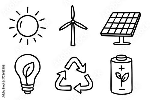 Renewable energy doodle icon set - Sustainable and eco-friendlypower solutions. Vector stock