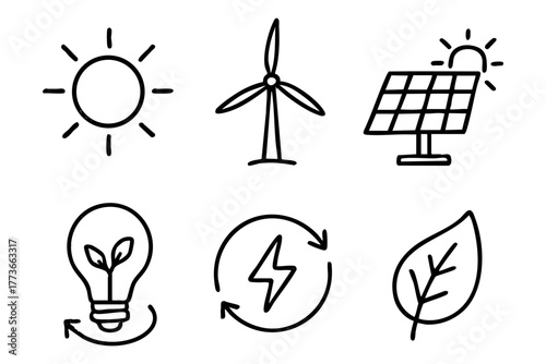 Renewable energy doodle icon set - Sustainable and eco-friendlypower solutions. Vector stock
