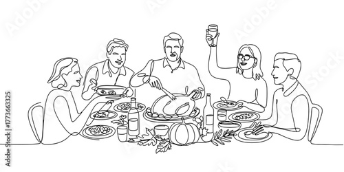 Continuous line art of friends enjoying a festive meal together, representing celebration, thanksgiving, friendship, food, and togetherness at the dinner table.