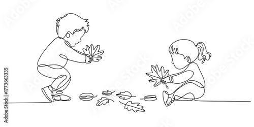 two kids playing with fallen leaves, symbolizing childhood, autumn, nature, fun, and seasonal outdoor activities.