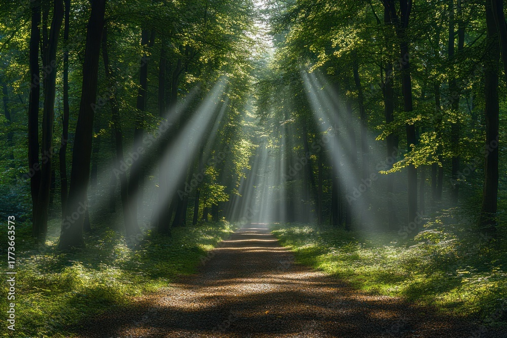 Fototapeta premium Peaceful forest scene with sunlight rays filtering through the dense canopy of trees.