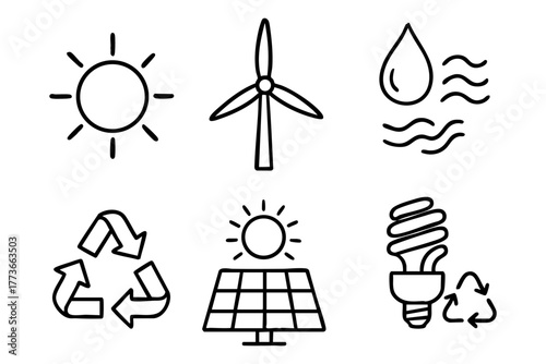 Renewable energy doodle icon set - Sustainable and eco-friendlypower solutions. Vector stock