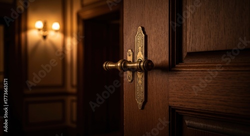 Elegant wooden door with ornate brass handle, blurred background