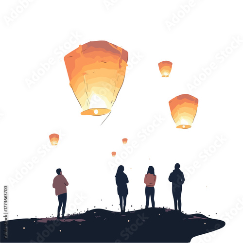 People are admiring sky lantern, Asia, festival, Lantern Festival, transparent background, vector