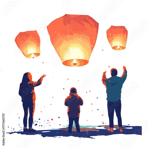People are admiring sky lantern, Asia, festival, Lantern Festival, transparent background, vector