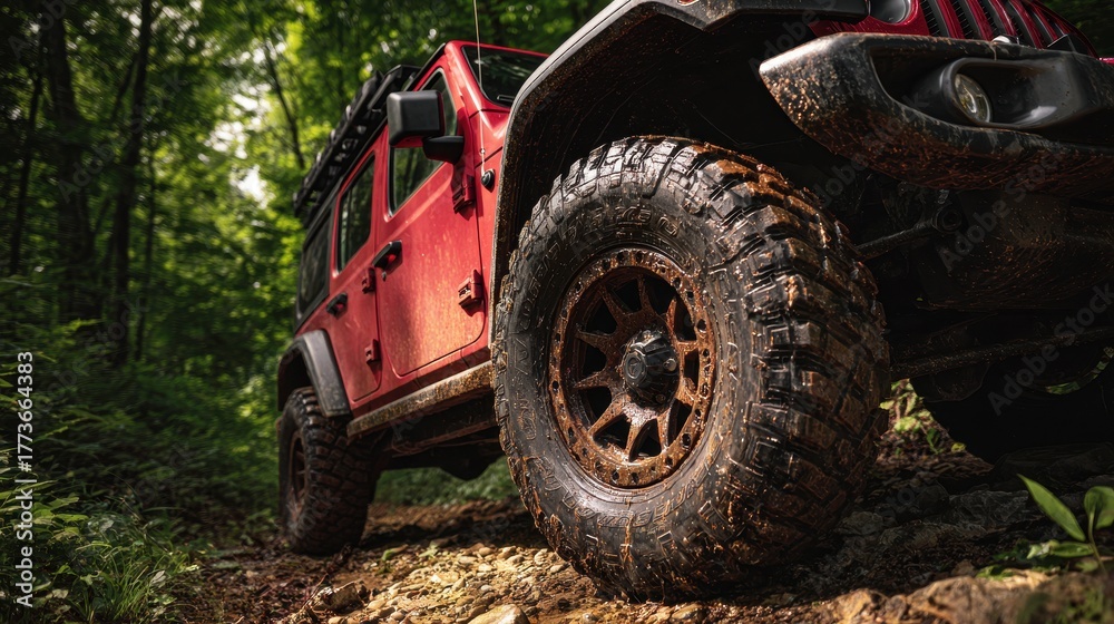 Obraz premium Off-road adventure with a red vehicle navigating through a lush forest trail on a sunny day in early summer