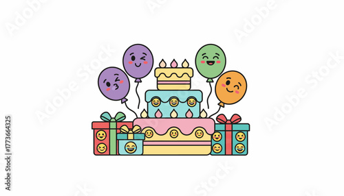 A colorful scene of a birthday party where balloons cake and gifts are illustrated with cheerful emoji faces.