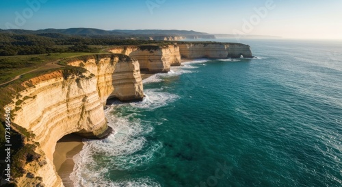 Eroded cliffs line turquoise ocean with forest atop, sunny coast view