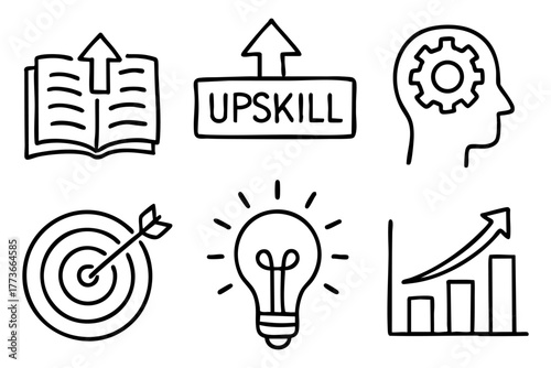 Upskill doodle icon set - personal development and career growth concepts. Vector stock.