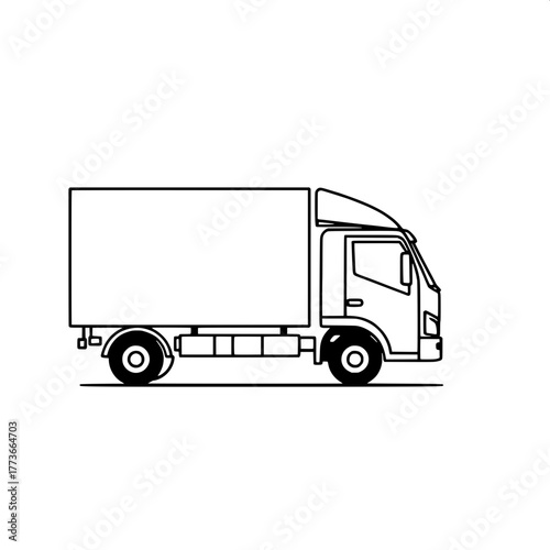 “Modern minimalist icon of a moving truck, drawn in black lines on a white background. The vehicle faces right, with clear distinction between the cab and the square cargo box. Emphasis on proportion 