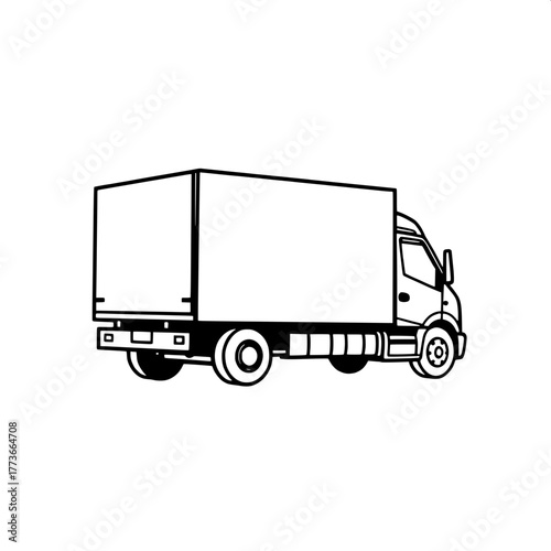“Modern minimalist icon of a moving truck, drawn in black lines on a white background. The vehicle faces right, with clear distinction between the cab and the square cargo box. Emphasis on proportion 