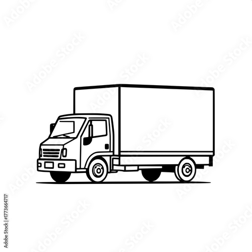 “Modern minimalist icon of a moving truck, drawn in black lines on a white background. The vehicle faces right, with clear distinction between the cab and the square cargo box. Emphasis on proportion 