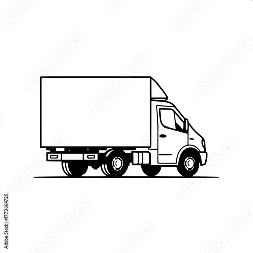 “Modern minimalist icon of a moving truck, drawn in black lines on a white background. The vehicle faces right, with clear distinction between the cab and the square cargo box. Emphasis on proportion 