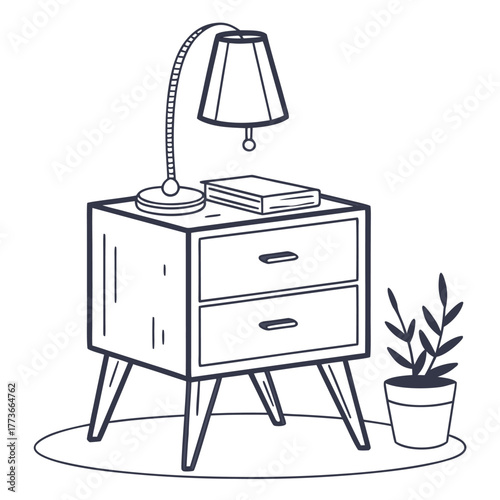 A simple flat vector illustration of a bedside stand with a lamp on top, perfect for a cozy and practical bedroom setup.