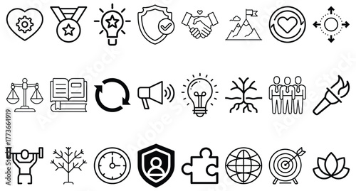 Collection of core and personal development icons isolated on a white background includes symbols for success, growth, teamwork, leadership, and achieving goals