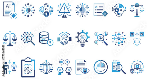 Collection of artificial intelligence icons isolated on white background represents various aspects of ai, including machine learning, data analysis, and ethical considerations