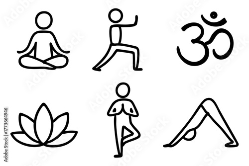 Yoga doodle icon set - meditation, wellness, and healthy lifestyle symbols. Vector stock