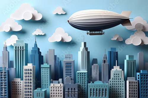 Airship over paper city against the sky with clouds in a whimsical illustration