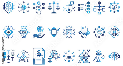 A set of artificial intelligence icons isolated on a white background depicts a range of AI applications, from cybersecurity to data processing and robotic assistance