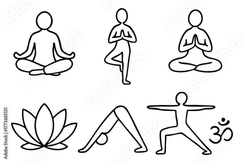 Yoga doodle icon set - meditation, wellness, and healthy lifestyle symbols. Vector stock