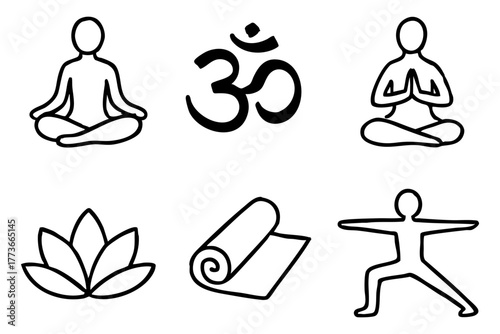 Yoga doodle icon set - meditation, wellness, and healthy lifestyle symbols. Vector stock