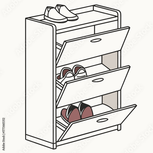 A simple flat vector illustration of a shoe rack with added drawers, ideal for an organized and space-saving entryway storage solution.
