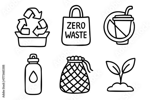 Zero waste doodle icon set - eco-friendly and sustainable living concepts. Vector Stock