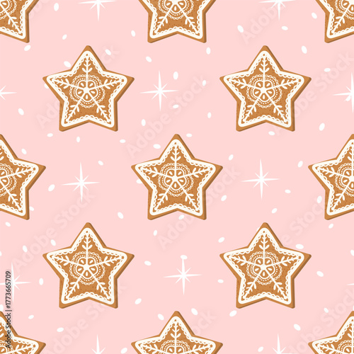 Seamless vector pattern with gingerbread cookies shaped like stars on a soft pink background, suitable for Christmas wrapping paper, fabric, and festive decoration