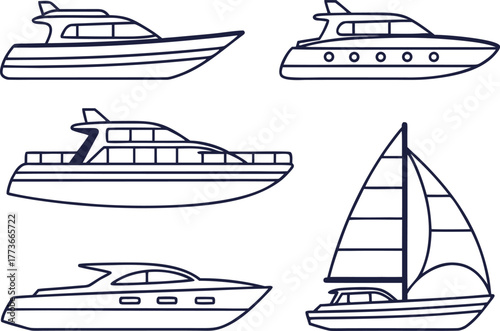 Boat and Ship Illustration Collection. Marine Vessel Icon Set. Sailing and Cruise Elements. Ocean Transport Illustration Pack. Nautical Boat and Ship Bundle. Sea Travel Vehicle Design Set