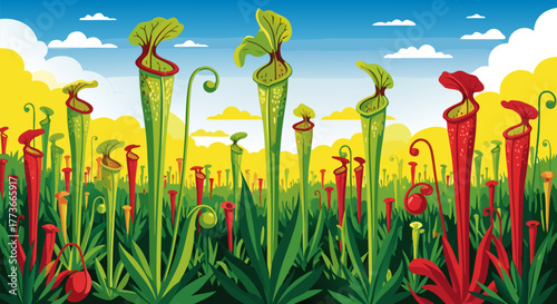 Carnivorous Plant Field A Vibrant Illustration of Pitcher Plants in a Colorful Meadow