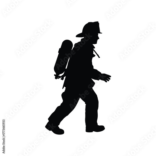 Silhouette of a firefighter in action with a backpack