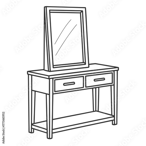 A minimal flat vector illustration of a dressing table with a large mirror, perfect for a simple and elegant bedroom vanity setup.