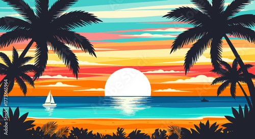 Vibrant tropical sunset over the calm ocean with silhouetted palm trees and a peaceful sailboat, reflecting the colorful sky, perfect for a serene escape