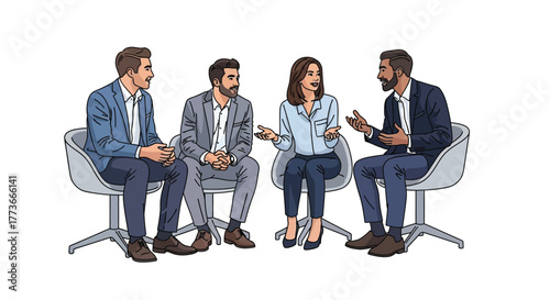 Diverse group of business people in a meeting sitting in chairs and discussing ideas illustration isolated on white