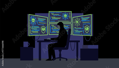 A hacker in a dark room surrounded by multiple screens filled with code representing cyber threats.