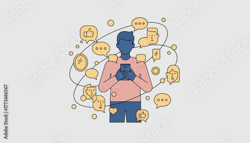 A person holding a smartphone with holographic images of their online engagements posts comments swirling around them representing the impact of social media on selfimage.