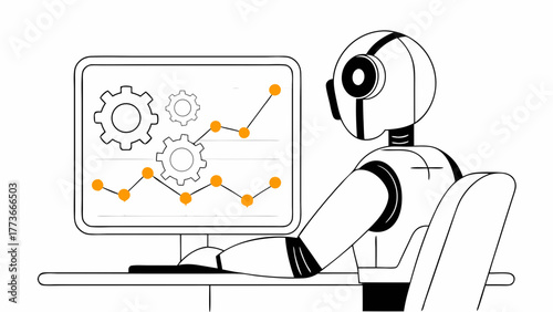 Robot analyzing data on a computer screen with gears and a line graph showing progress and growth
