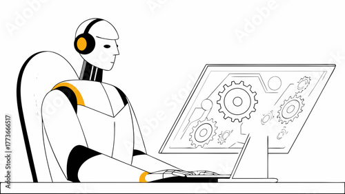 Futuristic robot wearing headphones works diligently at a computer displaying intricate gear mechanisms and data