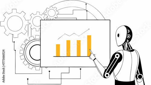 Robot analyzes financial growth chart with gears and data visualization elements
