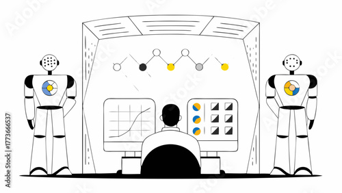Robots and a human collaborate in a futuristic control room analyzing data and charts