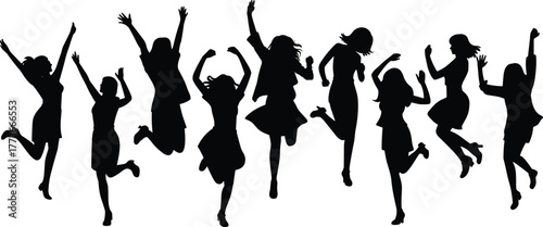 Jumping women silhouettes, joyful celebration vector illustration, energetic female group artwork, happiness concept, freedom design, motivational lifestyle, success graphic